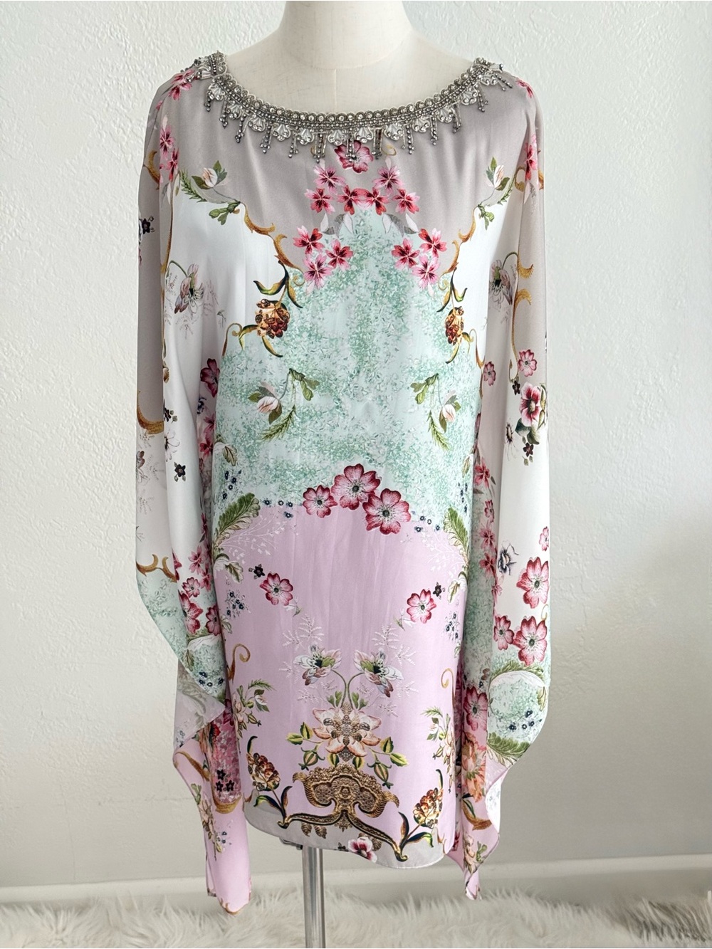 Badgley Mischka Pastel Floral Mini Dress Tunic Embellished Neck XS Cottagecore
